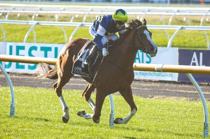 Riviera Rebel winning Saturday’s Gr.3 Coca-Cola Canterbury Gold Cup (2000m) at Riccarton.  - Photo: Race Images South