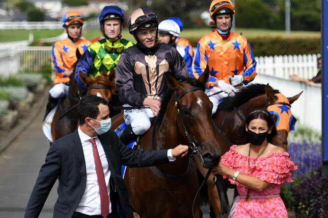 Co-trainer Andrew Forsman leads Lickety Split back to the winners’ enclosure at Ellerslie - Photo: Kenton Wright, Race Images