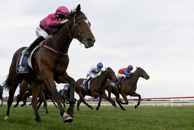 Belardi (outside) pulls away to win the Listed John Turkington Forestry Castletown Stakes (1200m) at Wanganui.  - Photo: Peter Rubery (Race Images Palmerston North)