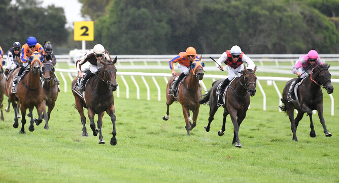 Levante (left, white cap) has the situation under control as she defeats La Crique (centre) and Chase (right) in the Gr.1 El Cheapo Cars WFA Classic (1600m) - Photo: Race Images – Peter Rubery