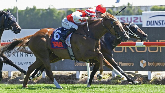 Kelly Coe winning Saturday’s Gr.3 J Swap Sprint (1400m) at Te Rapa.   - Photo: Kenton Wright (Race Images)