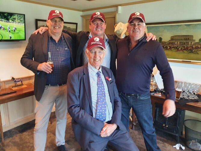 Phil Blacktopp, Tony Dowdall and Paul Cunneen, co-owners of Riccarton NZB Insurance Pearl Series winner Defiant, pictured with NZB Insurance's Jim Bruford. - Photo: Supplied