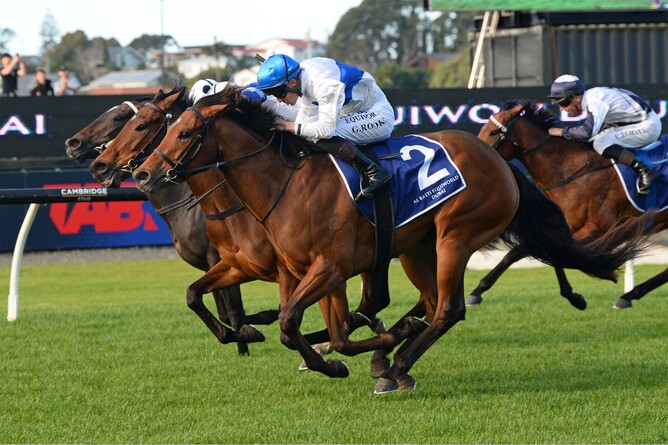 Tajana winning Saturday's Gr.3 Al Basti Equiworld Dubai Sunline Vase (1400m) at Ellerslie.  - Photo: Therese Davis