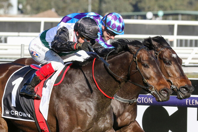 Mr Brightside runs down Pride of Jenni to win the VRC Makybe Diva S. Gr. 1 - Photo: Bruno Cannatelli