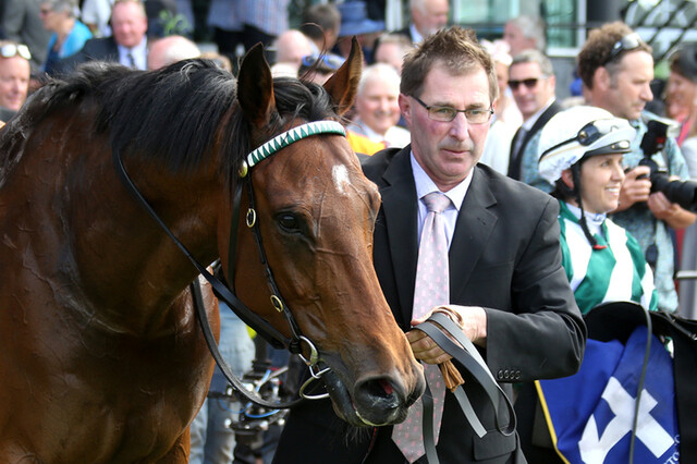 Bizzwinkle with train Glen Old after his NZ Cup victory - photo racing images