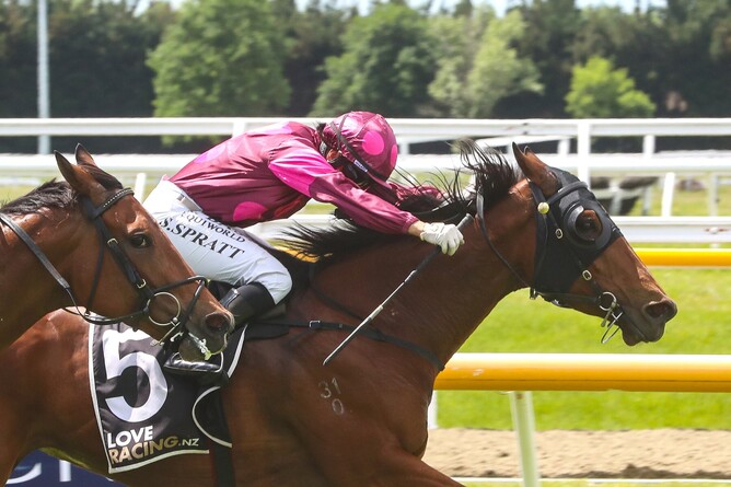 Illicit Dreams winning Saturday's Listed Pegasus Stakes (1000m) at Riccarton. - Photo: Ajay Berry, Race Images South