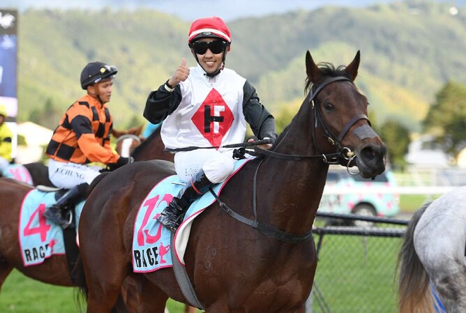 Francee and jockey Bruno Queiroz after winning Saturday's Listed Rangitikei Gold Cup (1600m) at Trentham.  - Photo: Peter Rubery (Race Images Palmerston North)
