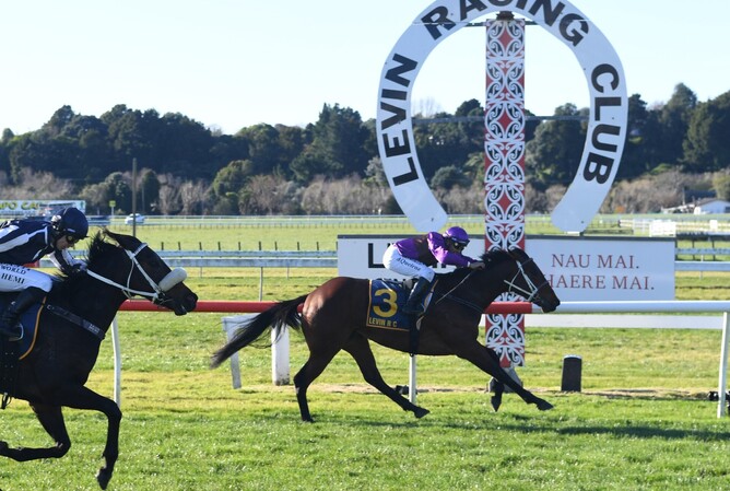 Platinum Diamond winning the Listed Ryder Stakes (1200m) at Otaki on Saturday.  - Photo: Peter Rubery (Race Images Palmerston North)