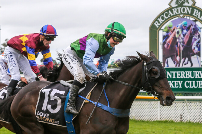 Mondorani crosses the line in front in the Gr.3 New Zealand Cup. - Photo: Race Images South