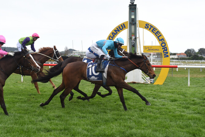 Only Words winning the Listed HS Dyke Wanganui Guineas (1200m). Photo: Race Images Palmerston North
