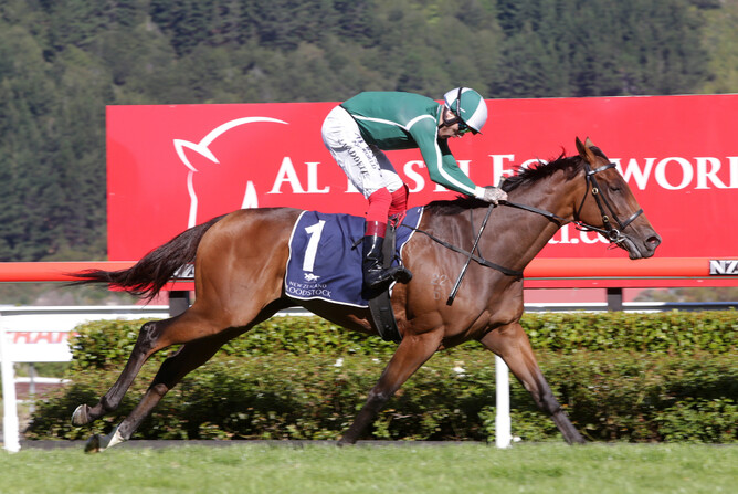 Jennifer Eccles on her way to winning the Gr.1 New Zealand Oaks. Photo: Trish Dunell