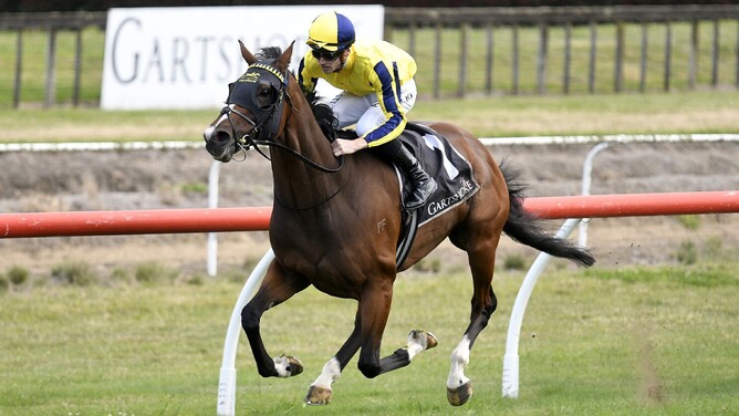 Waitak winning Saturday’s Gr.2 Ultimate Mazda Japan Trophy (1600m) at Tauranga.   - Photo: Kenton Wright (Race Images)