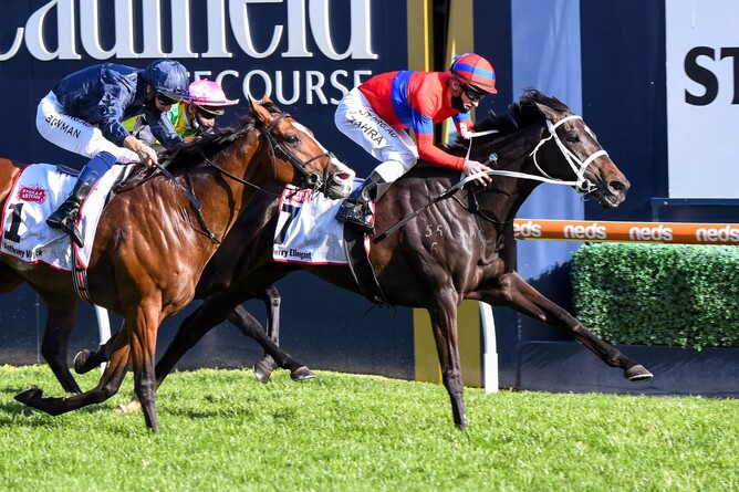 Verry Elleegant winning the 2020 Caulfield Cup. - Photo: Pat Scala, Racing Photos