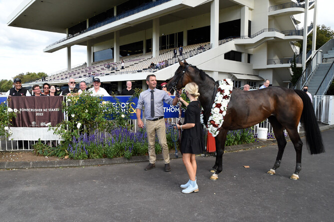 Trainer Robbie Patterson with Coventina Bay and some of her syndicate of owners after their Ellerslie victory. - Photo: Kenton Wright, Race Images