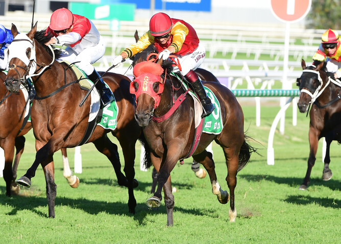 Charmmebaby (red hood) takes out the Listed Brisbane Handicap (1640m) at Doomben Photo Credit: Grant Peters