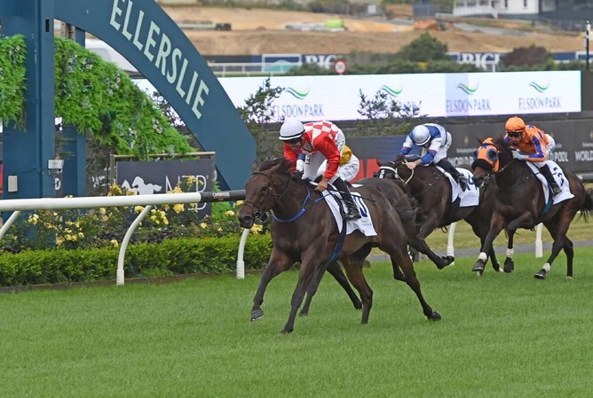 Orchestral winning Saturday's $1 million Elsdon Park Aotearoa Classic (1600m) at Ellerslie.   - Photo: Kenton Wright (Race Images)