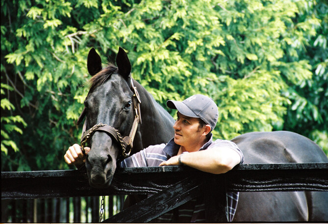 From the Trish Dunell archives circa 2002: Mark Chittick with Centaine, the first in a sequence of champion stallions at Waikato Stud under Chittick family ownership.