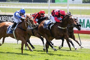 Second Time Lucky (centre) wins the Listed Welcome Stakes at Riccarton - Photo NZB website