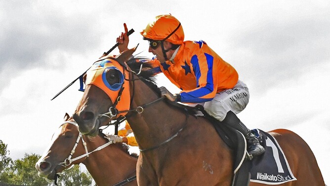 La Dorada winning the Gr.2 J Swap Contractors Ltd Matamata Breeders’ Stakes (1200m) on Saturday.   - Photo: Kenton Wright (Race Images)