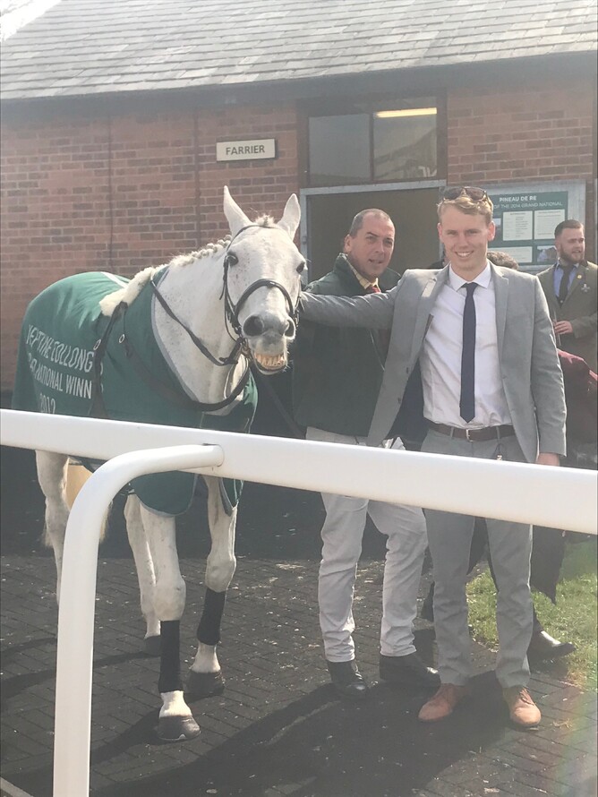 Sam and Neptune Collonges smiling for the camera - He was the 2012 grand national winner by the smallest ever margin in the history of the race. A nose.