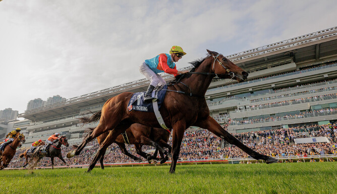 New Zealand-bred gelding Ka Ying Rising winning the Gr.1 LONGINES Hong Kong Sprint (1200m) at Sha Tin on Sunday.  - Photo: Hong Kong Jockey Club