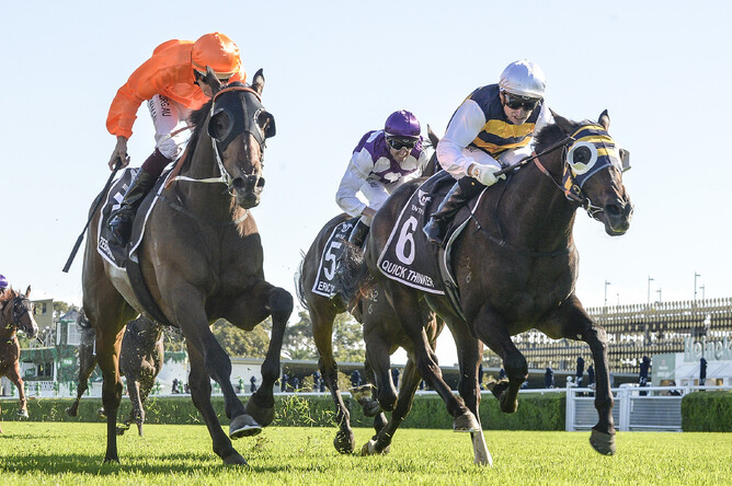 Zebrowski (left) fights hard as he and Quick Thinker go to the finish line locked together in the Gr.1 Australian Derby (2400m) Photo: Bradleyphotos.com.au
