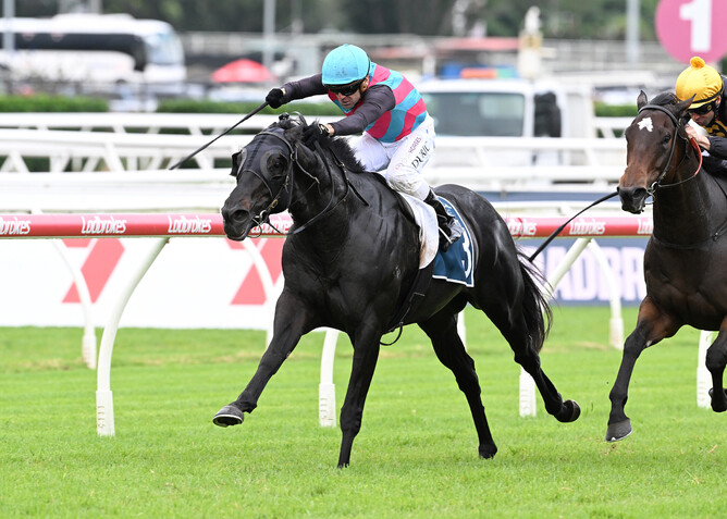 Antino dashes to victory in the Gr.2 Victory Stakes (1200m) at Eagle Farm.  - Photo: Grant Peters (Trackside Photography)