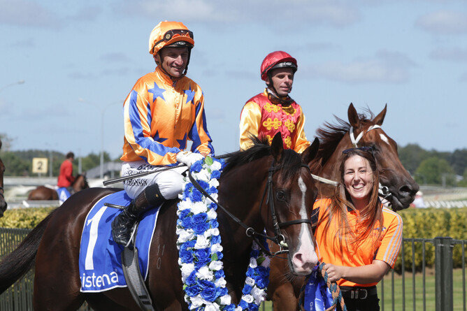 Opie Bosson brings Tokyo Tycoon back to the Pukekohe birdcage after another effortless victory - Photo: Kirstin Ledington