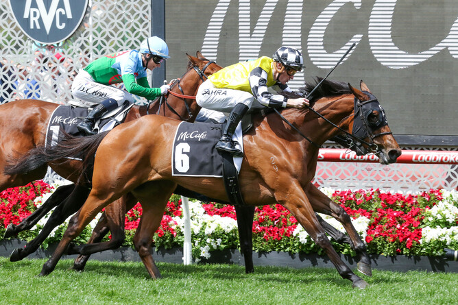 Prowess wins the Gr.2 McCafe Crystal Mile (1600m) at Moonee Valley.  - Photo: Bruno Cannatelli