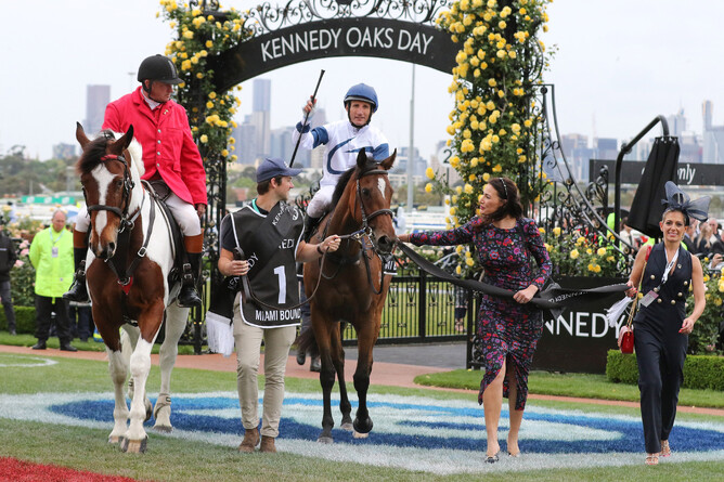 Miami Bound returns victorious after the Gr.1 VRC Oaks (2500m) on Thursday. - Bruno Cannatelli