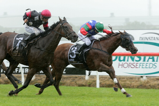 Faithful Feat (inner) gives her all as she holds out Puntura to win the Gr.3 J Swap Sprint (1400m) at Te Rapa - Photo: Trish Dunell