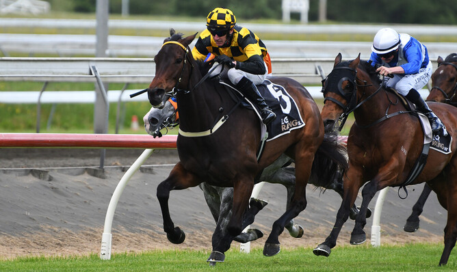 Aquacade on her way to another stakes victory in the Gr.3 Balmerino Stakes (2050m) at Pukekohe on Tuesday. - Photo: Kenton Wright (Race Images)
