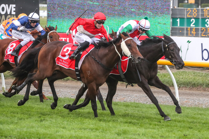 Sacred Falls’ son Aegon (inside) defeated Bourbonaire in last Saturday’s Gr.1 New Zealand 2000 Guineas (1600m) Photo: Race Images CHCH