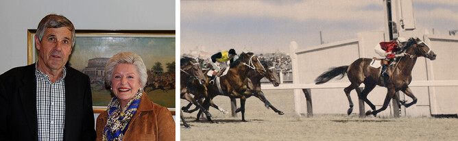Nick Wigley and Victoria Woodley. RIGHT: Phar Lap’s close relative Monte Carlo wins the 1956 Victoria Derby for Nick’s grandfather owner-breeder Ken Austin