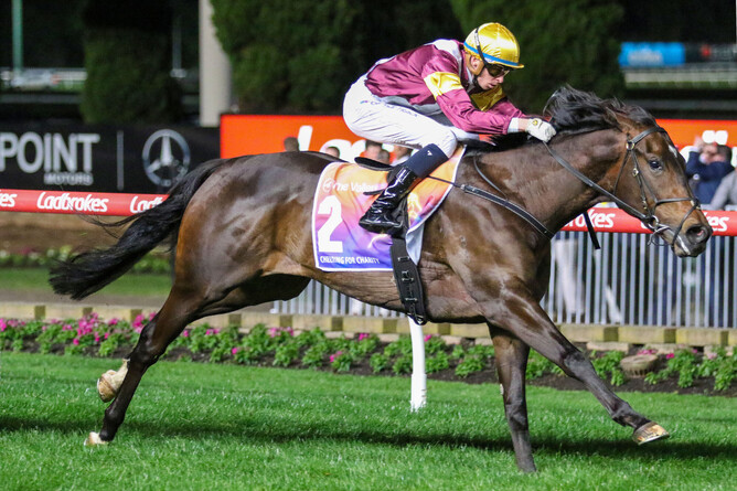 Evaporate (Per Incanto) winning the Gr.2 Stutt Stakes (1600m) at Moonee Valley - Photo: Bruno Cannatelli