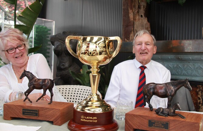 Don Goodwin and Christina Guy with Verry Elleegant's 2021 Melbourne Cup, the 2020-21 New Zealand Small Breeder of the Year Trophy and 2020-21 Eight Carat Broodmare of the Year Trophy. Photo: NZTBA