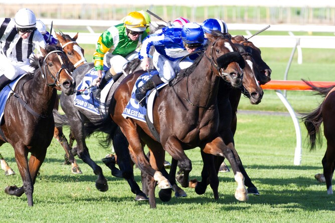 Three-year-old filly Ruthless Dame becomes a Group One winner as she defeats the older mares in the Gr.1 Furphy Robert Sangster Stakes (1200m) at Morphettville - Photo Credit: Atkins Photography
