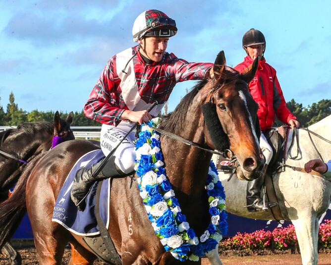 Jacob Lowry with Times Ticking after their Riccarton victory - Photo: Race Images South