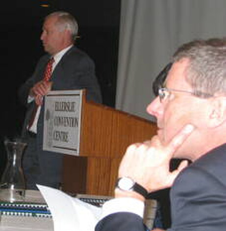 NZRB chief executive Graeme Hansen left, and NZTBA president Peter Hutt listen to a question from the floor at last week's NZTBA AGM.