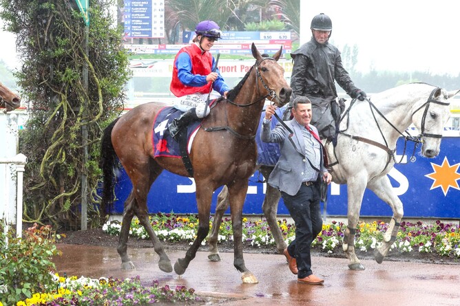 He's Lucid returning to scale following his victory in the Gr.3 War Decree Stakes (1600m) - Photo: Ajay Berry, Race Images