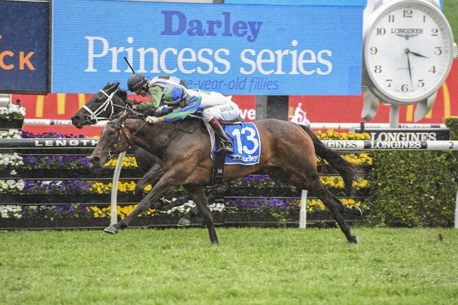 Waikato Stud bred and owned three-year-old filly Never Been Kissed takes out the Gr.1 Flight Stakes (1600m) at Randwick Photo Credit: Bradleyphotos.com.au