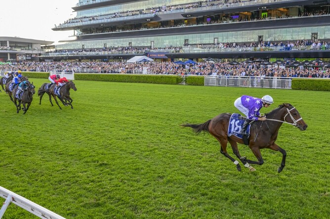 Aeliana ridden by Damian Lane wins the 2025 Australian Derby.  - Photo: bradleyphotos.com.au