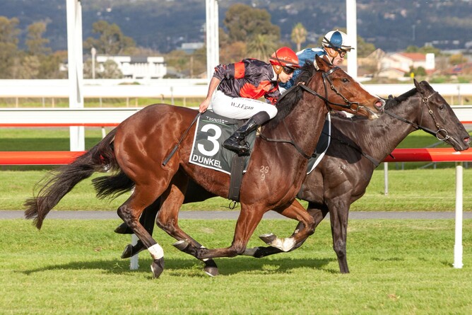 Dunkel (outer) is about to claim Promises Kept as he heads to victory in the Gr.1 South Australian Derby (2500m) at Morphettville - Photo: Atkins Photography