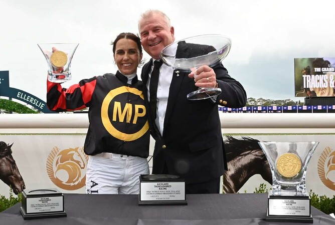 Tony Rider pictured with jockey Sam Spratt following Provence's win in the Gr.1 New Zealand Thoroughbred Breeders’ Stakes (1600m).  - Photo: Kenton Wright (Race Images)