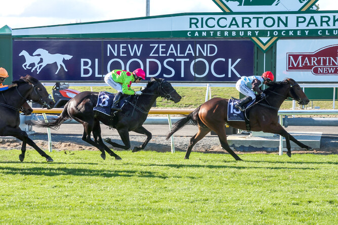 Sassy Merlot powers home to score a valuable victory in Saturday’s Listed Daphne Bannan Memorial Great Easter Stakes (1400m) at Riccarton.  - Photo: Ajay Berry (RIS)