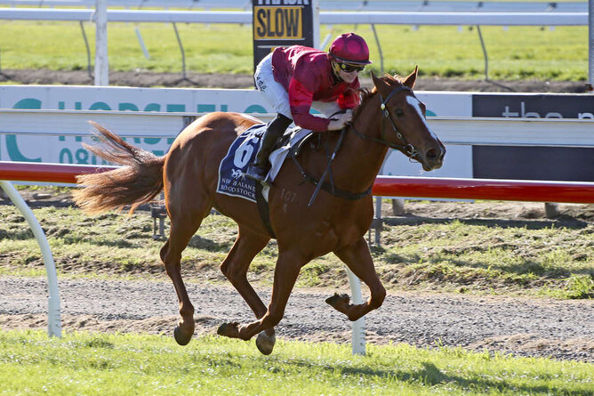 Prom Queen (Alysha Collett) cruises home more than five lengths ahead of her Berkley Stud Champagne Stakes rivals.