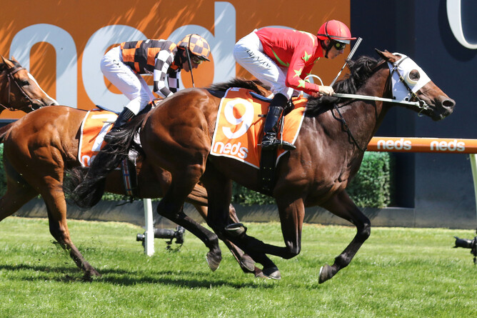 Blue Army provides trainers Mick Price and Michael Kent Jr with their first Group winner from their new stables at Cranbourne as he wins the Gr.2 Sandown Guineas (1600m). Photo: Bruno Cannatelli