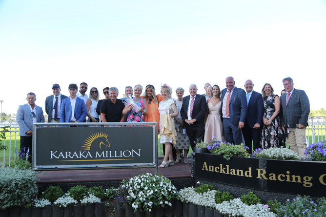 Windsor Park Stud co-owner and studmaster Rodney Shick (far left) at the presentation for the winner of the Doubletree by Hilton Karaka Million 2YO (1200m), Almanzor colt Dynastic, who Windsor Park co-bred with John and Margaret Thompson Photo Credit: Trish Dunell