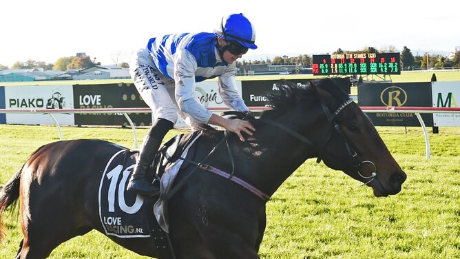 Tomodachi winning the Gr.3 Rotorua ITM Stakes (1400m) at Arawa Park on Saturday.  - Photo: Kenton Wright (Race Images)