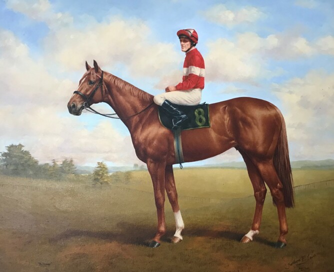 Philamor - painted by artist Barbara Lewis with Reece Jones aboard wearing the Archer red-and-white silks